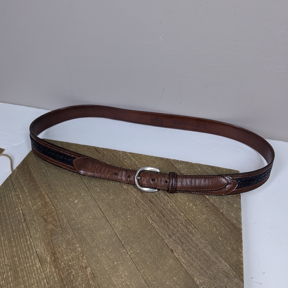 Vintage Two-Tone Leather Belt – Brown & Black Woven Detail, Men’s 42–46